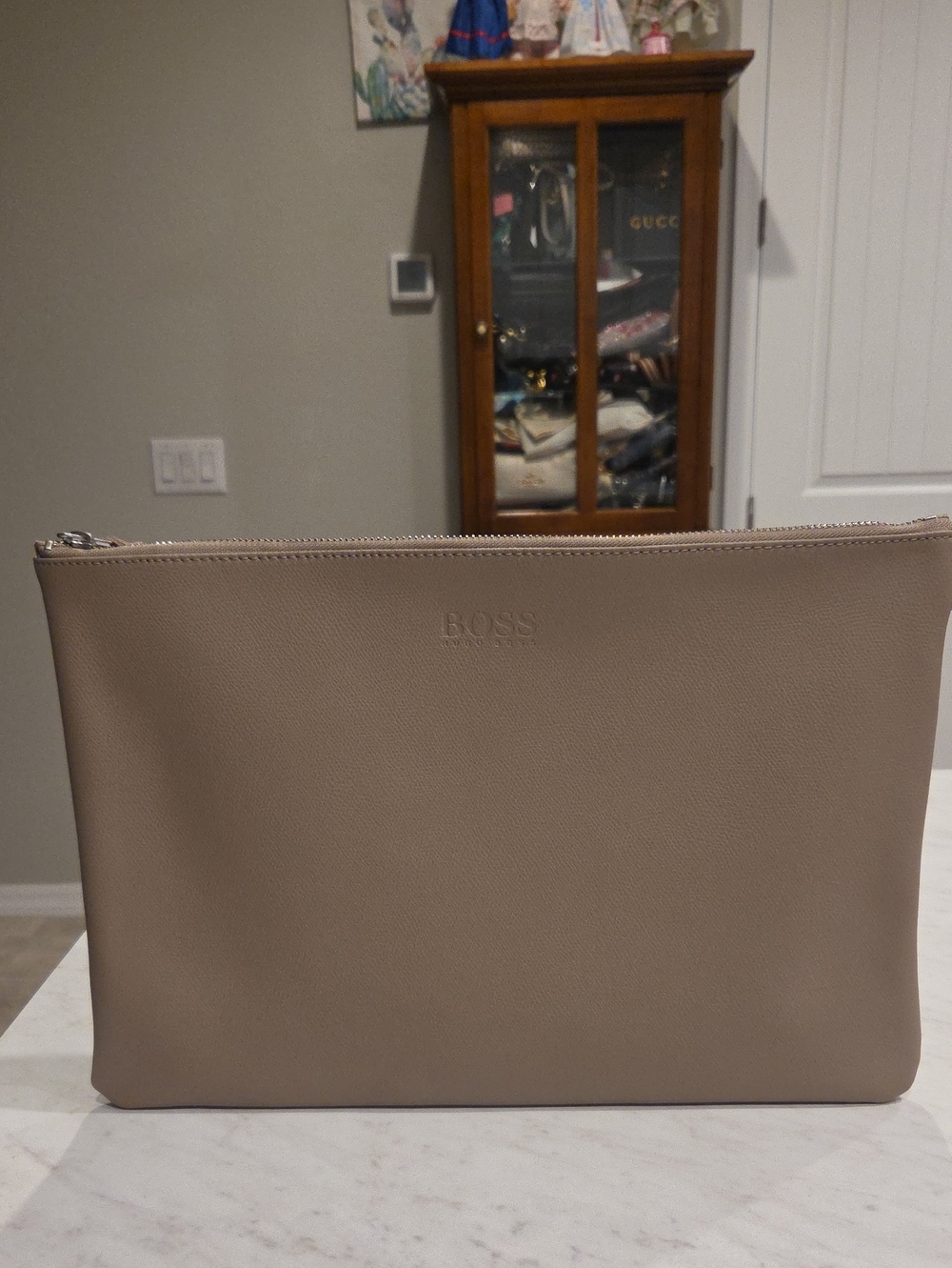 BOSS Taupe Leather Laptop Sleeve